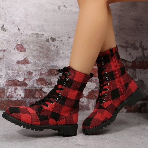 Women's Side Zip Red Plaid Round Toe Lace-Up Boots