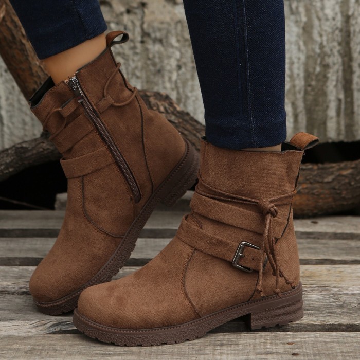 Plus Size Round Toe Side Zip Belt Buckle Suede Boots