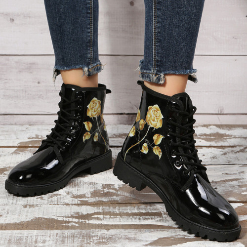 Fashion Lace-up Microfiber Leather Printed Boots
