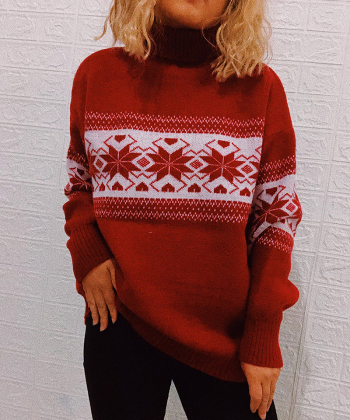 Christmas Turtleneck Snowflake Print Sweater