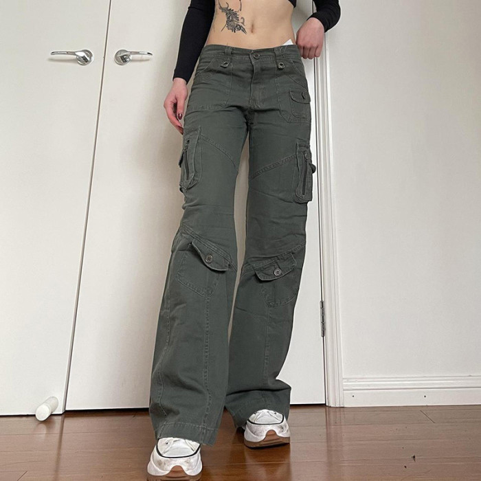 Y2K Women Low Waist Pockets Stitching Cargo Pants