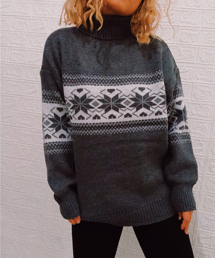 Christmas Turtleneck Snowflake Print Sweater