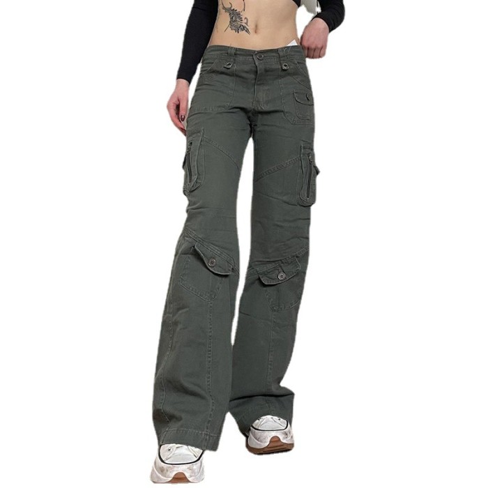 Y2K Women Low Waist Pockets Stitching Cargo Pants