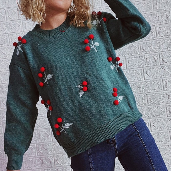 Women's Casual Round Neck Bubble Cherry Pullover Sweater