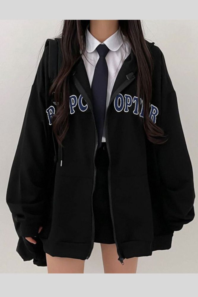 Fashion Preppy Style Oversized Letter Print Black Casual Hoodie