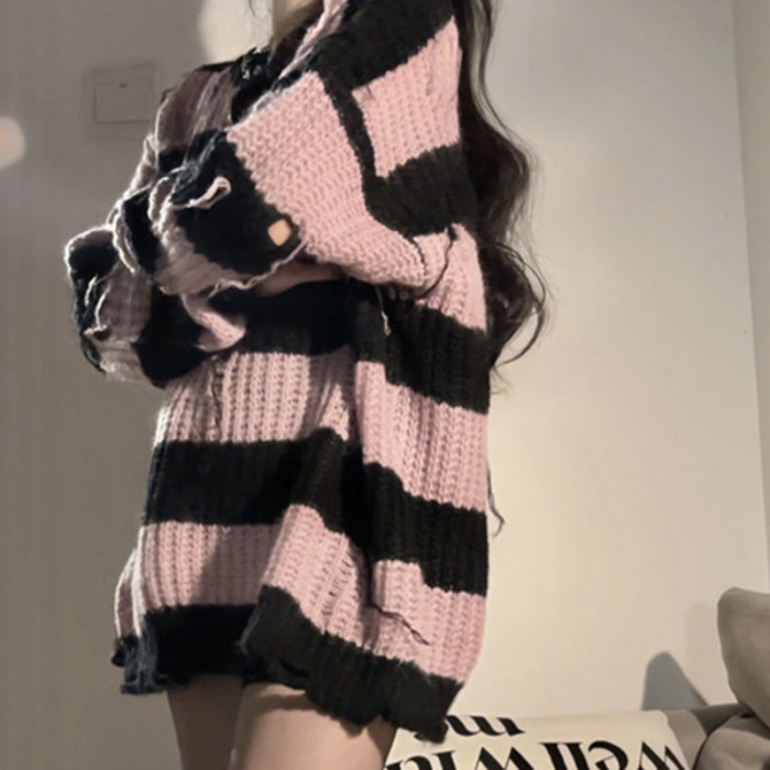 Y2K Chic Stripe Round Neck Hole Loose Knitted Sweaters