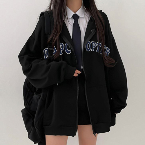 Fashion Preppy Style Oversized Letter Print Black Casual Hoodie