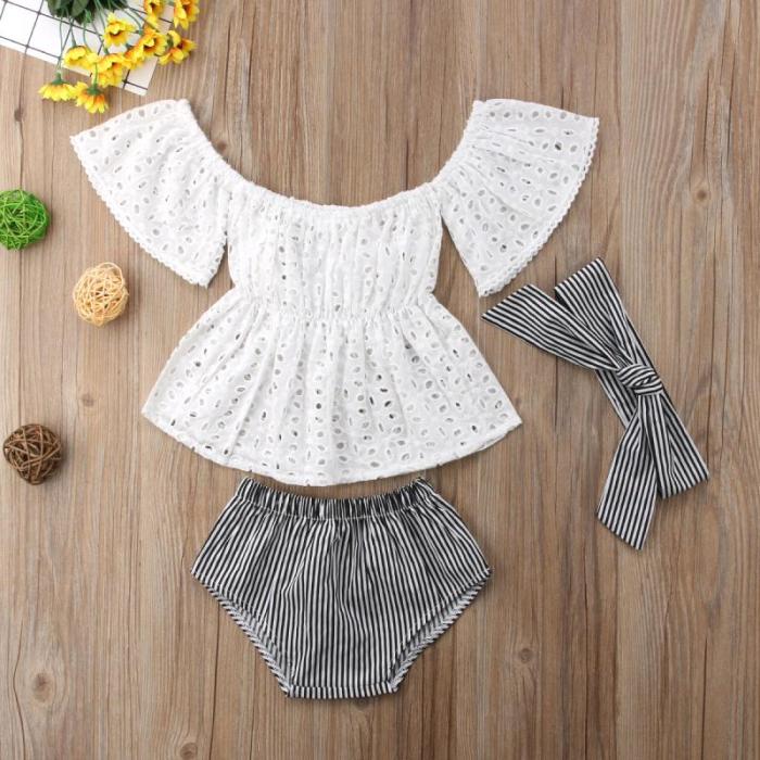 Baby Girl Lace Off Shoulder Top Stripe Shorts Outfits Clothes