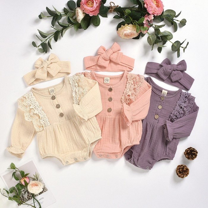 Infant Long Sleeve Solid Color Lace Romper  Headbands New Fashion Clothes
