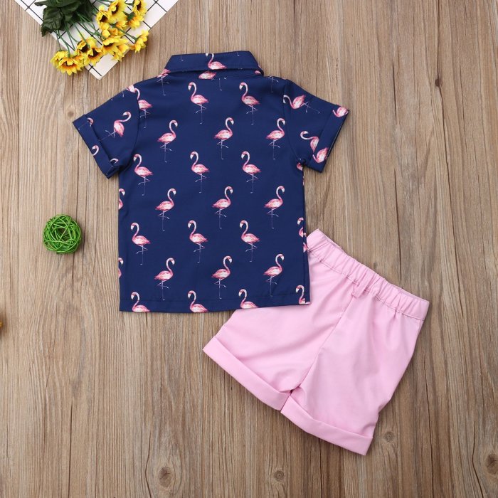 Gentleman Clothes Sets Short Sleeve Print Shirt Tops+Pink Shorts 2PCS Sets