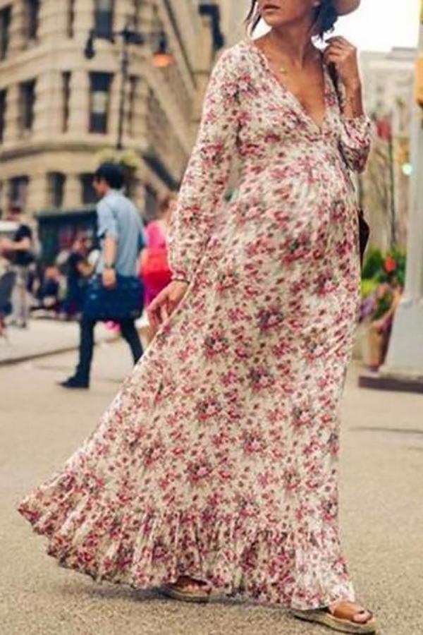 Maternity Fashion Printed Long Sleeve Hem Ruffled Dress