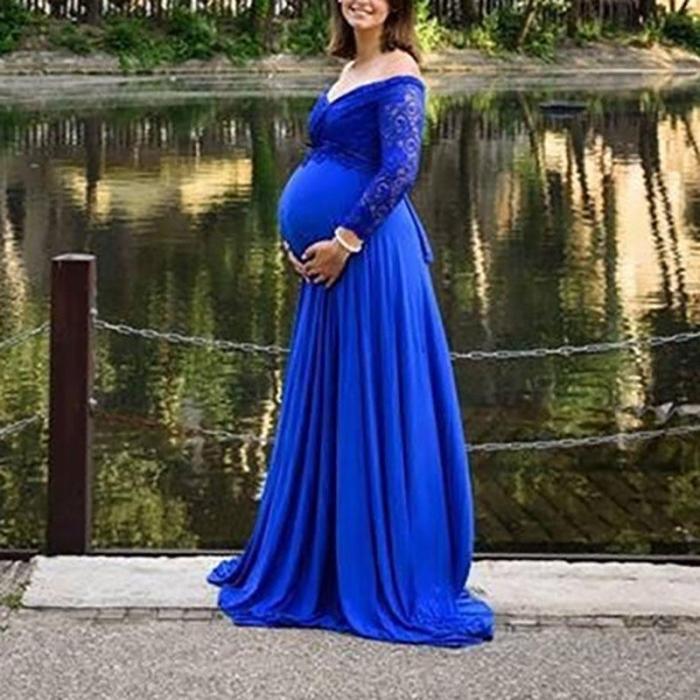 Maternity Elegant Lace Boat Neck Cotton Maxi Dress
