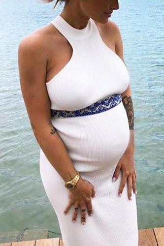 Maternity Solid Color Round Collar Sleeveless Midi Dress