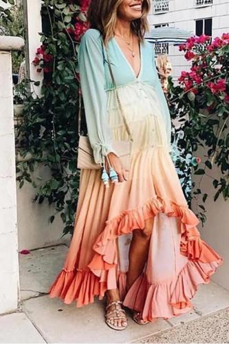 Maternity Gradual Change Color Deep V Neck Long Sleeve Dress