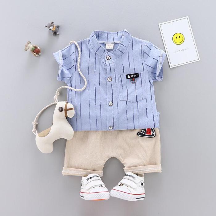 2020 summer new boys lapel plaid striped shirt fashion yam classic two-piece set