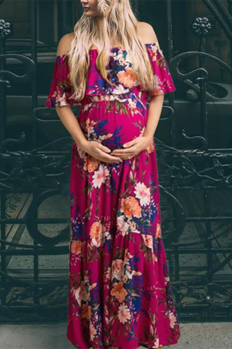 Magenta Floral Ruffle Open Shoulder Maternity Maxi Dress