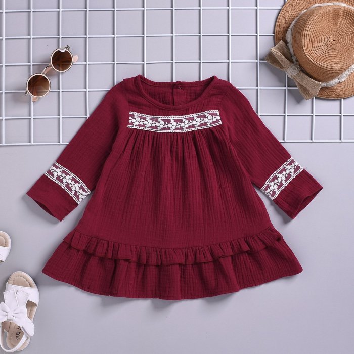 Baby Girls Dress Lace Solid Color Long Sleeve Ruched Ruffles Dress