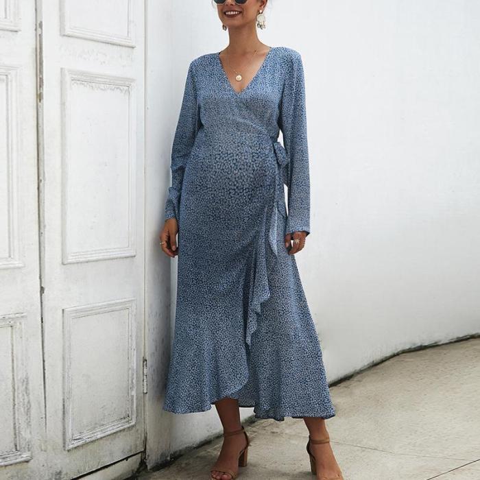 Maternity V-Neck Long Sleeve Lace-Up Printed Dress