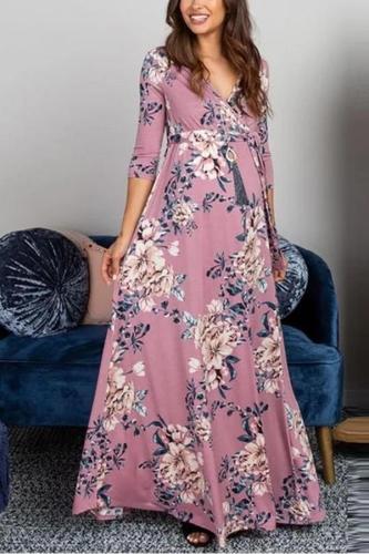 Maternity Luxury V-neck pink print cropped sleeve dress