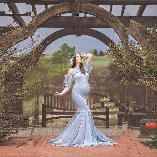 Pregnant Woman Laces Slip Shoulder Short-sleeved Drag-down Long  Photoshoot Gowns
