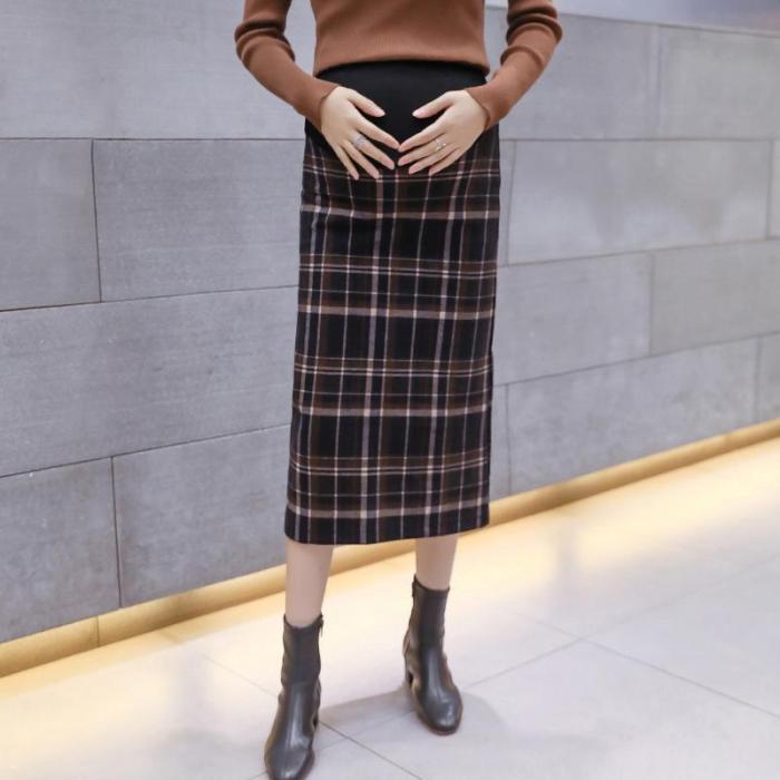 Maternity wear casual woolen plaid split stomach lift skirt