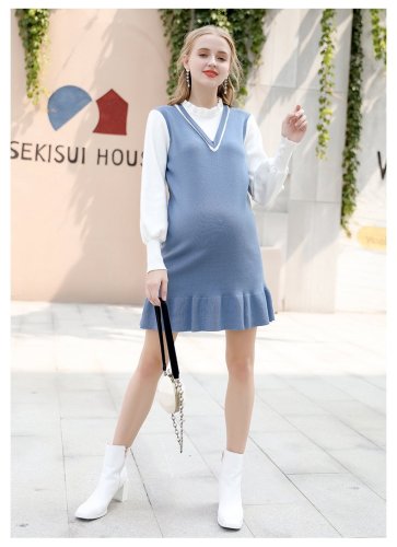Fake Two-piece Knit Dress Pregnant Mother Autumn and Winter Base  Dress