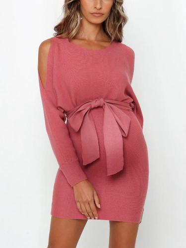 Maternity Round Neck Off-The-Shoulder Strap Plain Dress