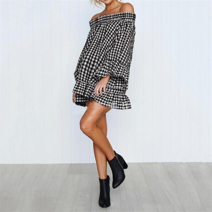 Maternity Checkered Off-The-Shoulder Ruffle Dress