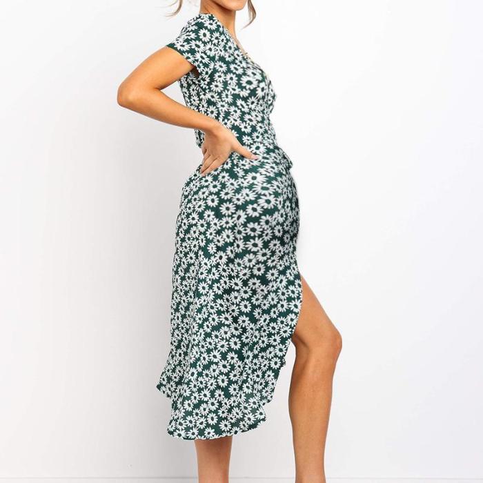 Maternity V-Collar Short-Sleeved High-Waisted Irregular Dress