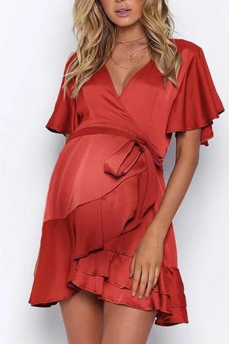 Maternity Casual  Deep V-Neck Short Sleeve Pure Color Tight Dress