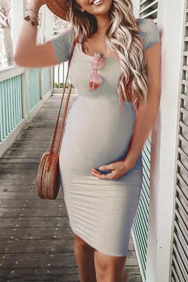 Maternity Casual Round Neck Short Sleeve Pure Colour Dress