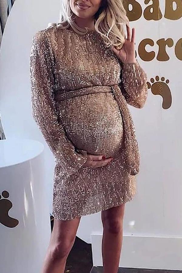 Maternity Fashion Loose Gold Silk Round Neck Long Sleeve Dress