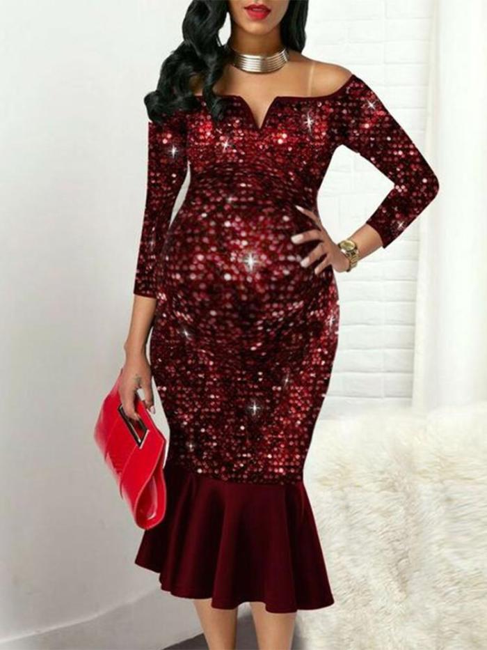 Maternity Elegant Off-the-Shoulder Sequins and Ruffled Hem Evening Gowns
