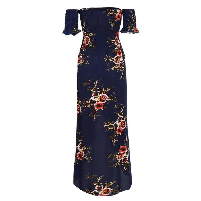 Off Shoulder  Asymmetric Hem  Floral Printed  Extra Short Sleeve Maxi Dresses
