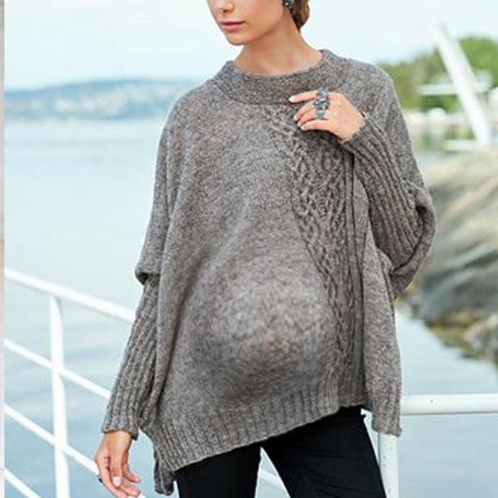 Maternity Casual Round Neck Pure Color Sweater