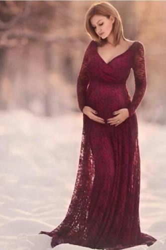 Maternity Sexy Front Deep V Collar Long Sleeve Lace Dress Casual Sexy Evening Dress
