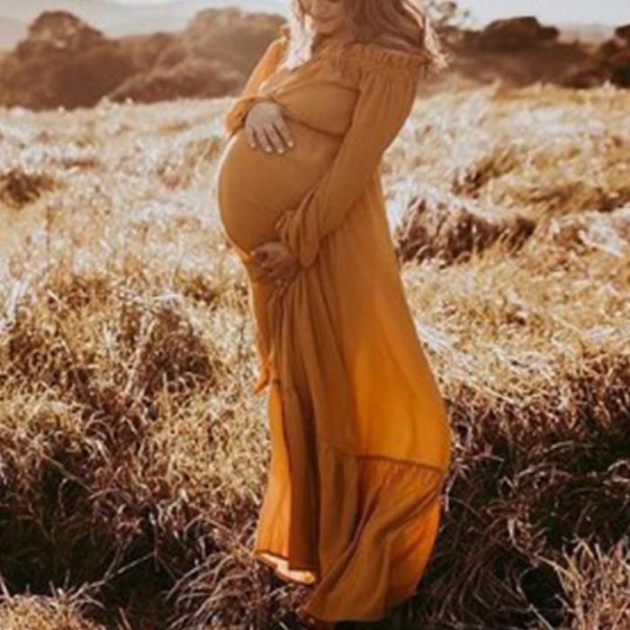 Maternity Ruffled Off Shoulder Pure Color Dress