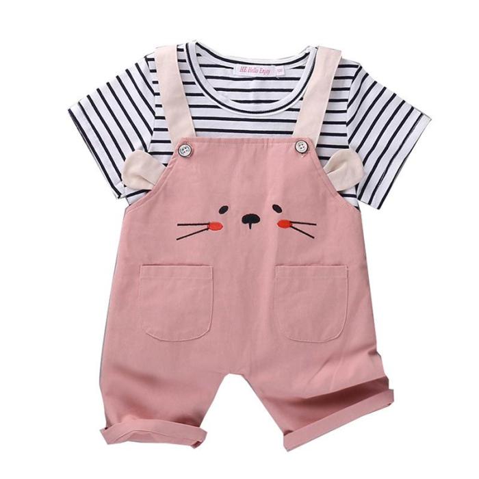 2020 baby clothes striped short sleeve two-piece girls belt pants set