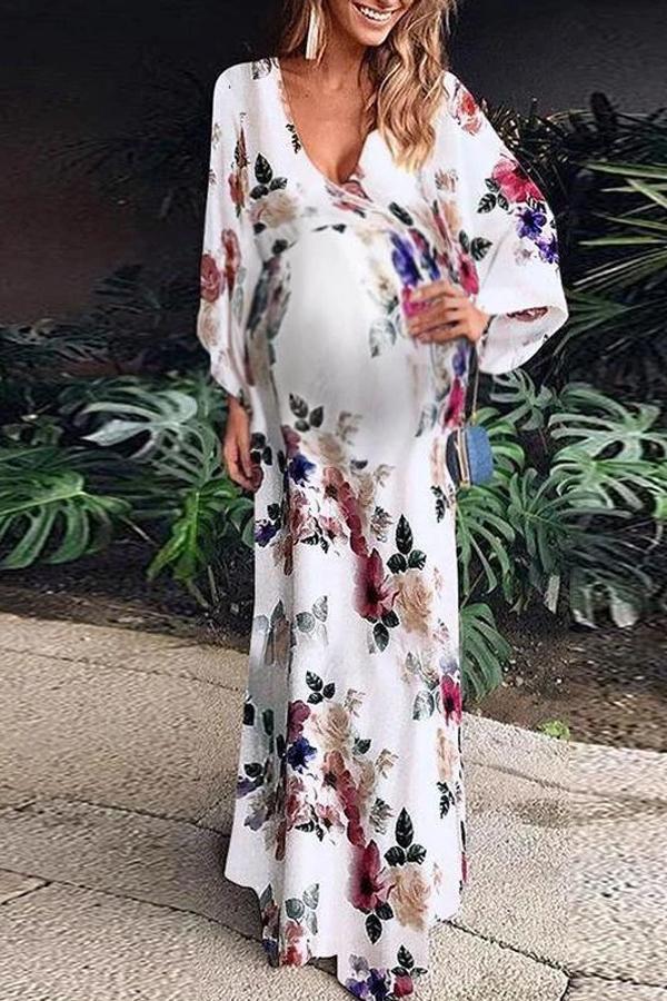 Maternity deep v floral pattern loose long dress