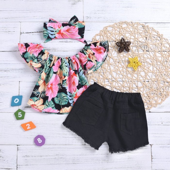 Children's Clothing Girls Black Shorts and print flower pattern tops set