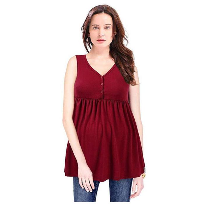 2020 Button Sleeveless Solid Color Pleated T-shirt for Pregnant Women
