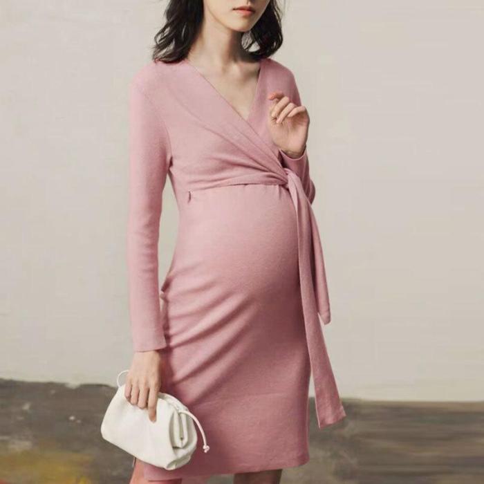 Pregnant women's autumn and winter lactation solid color long sleeve medium length lace up dress