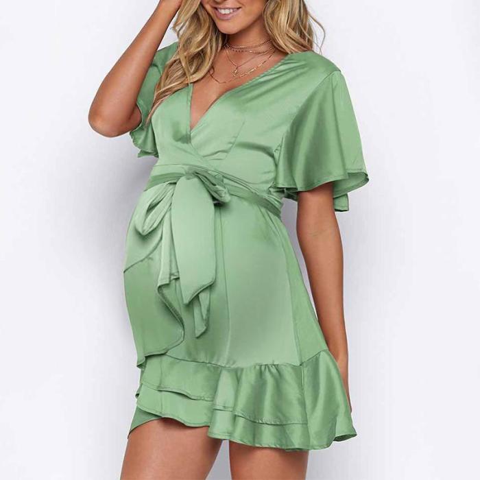 Maternity Casual  Deep V-Neck Short Sleeve Pure Color Tight Dress