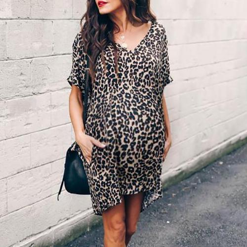 Maternity Casual V Neck Leopard Print Dress