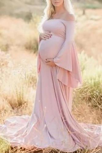 Maternity Off Shoulder Pure Color Bell Sleeve Dress