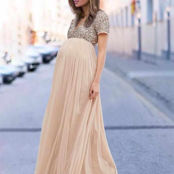 Maternity V Neck Maxi Tulle Dress With Tonal Delicate Sequins