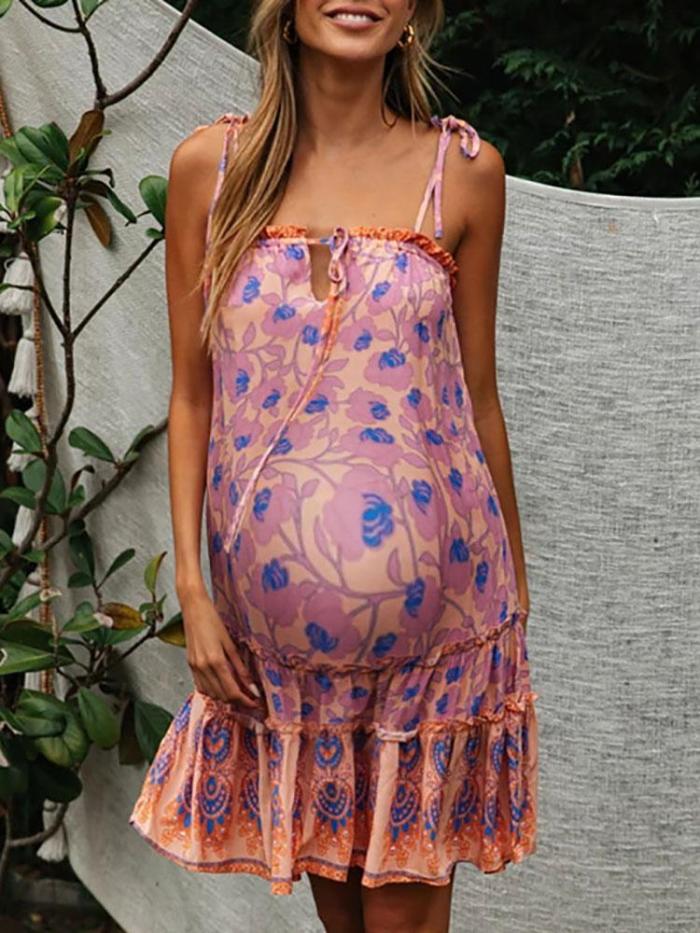 Maternity Printed Color Sling Sleeveless Dress