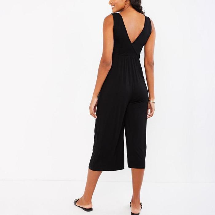 Maternity Casual V Neck Sleeveless Pure Colour Jumpsuit
