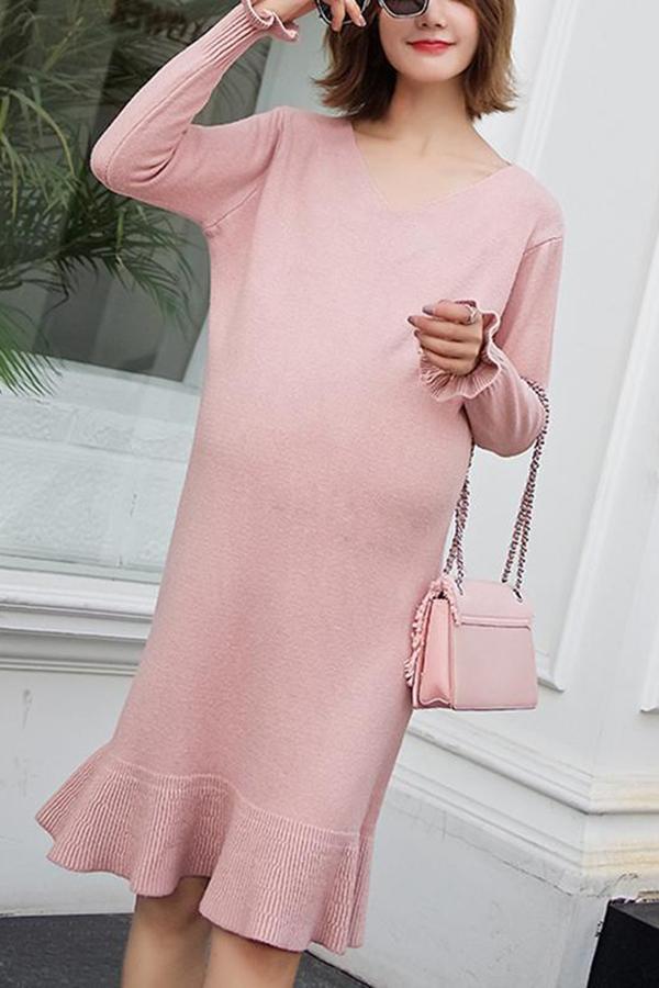 Maternity Solid Color V-Neck Long Sleeve Sweater Dress
