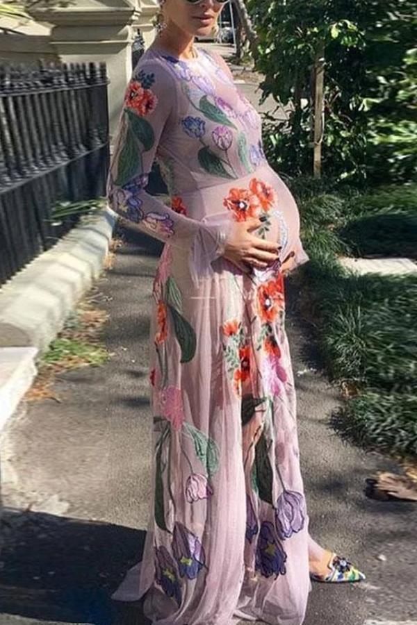 Maternity Casual Round Neck Floral Print Translucent Dress